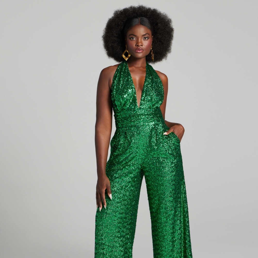 Gabrielle 😍Union Emerald Green Sequin Wide Leg Jumpsuit XS Glam Party